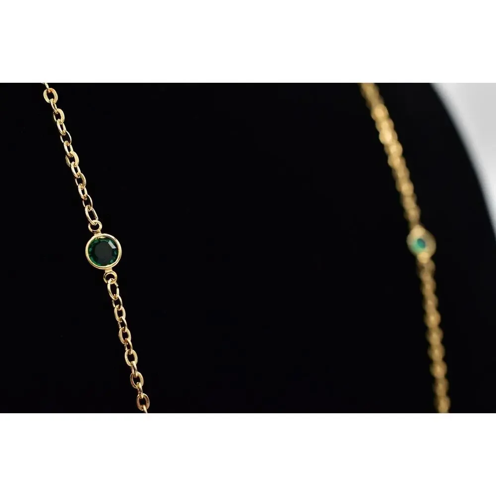 Vintage Green Open Bezel Crystal Necklace Station Chain Gold Tone 1980s BinBJ